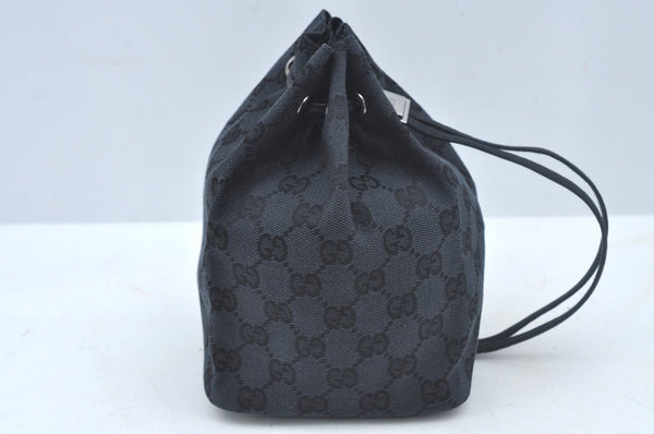 Authentic GUCCI Drawstring Hand Pouch Bag GG Canvas Leather 0390973 Black 0468J