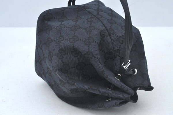 Authentic GUCCI Drawstring Hand Pouch Bag GG Canvas Leather 0390973 Black 0468J