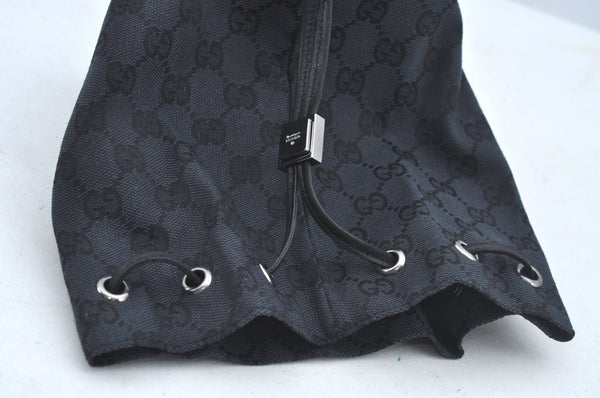 Authentic GUCCI Drawstring Hand Pouch Bag GG Canvas Leather 0390973 Black 0468J