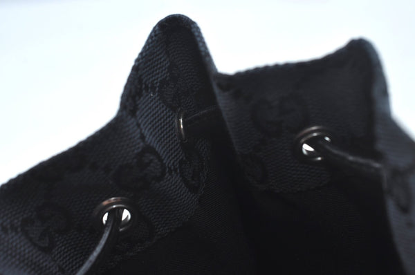 Authentic GUCCI Drawstring Hand Pouch Bag GG Canvas Leather 0390973 Black 0468J
