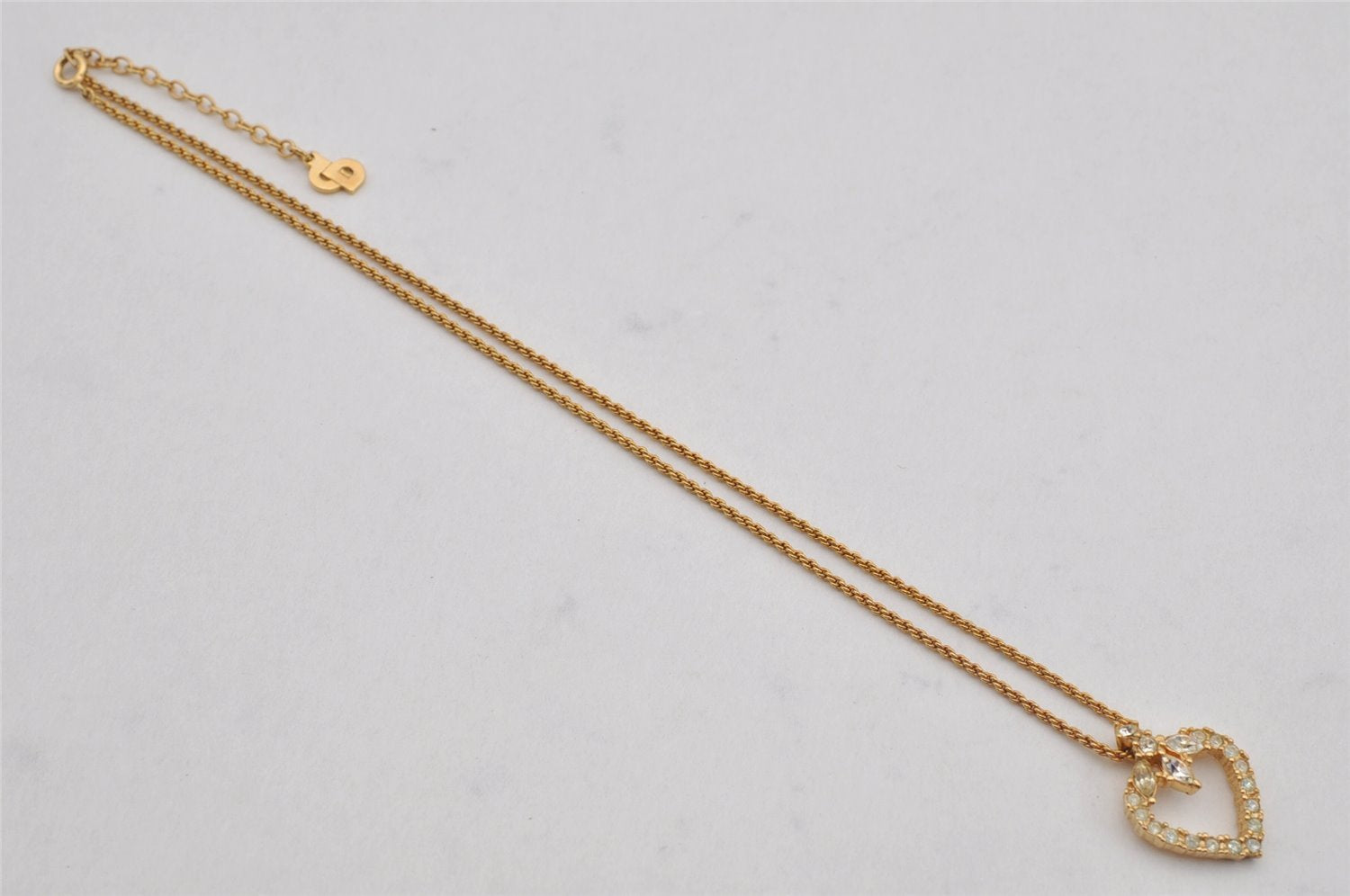 Authentic Christian Dior Gold Tone Chain Rhinestone Pendant Necklace CD 0469K