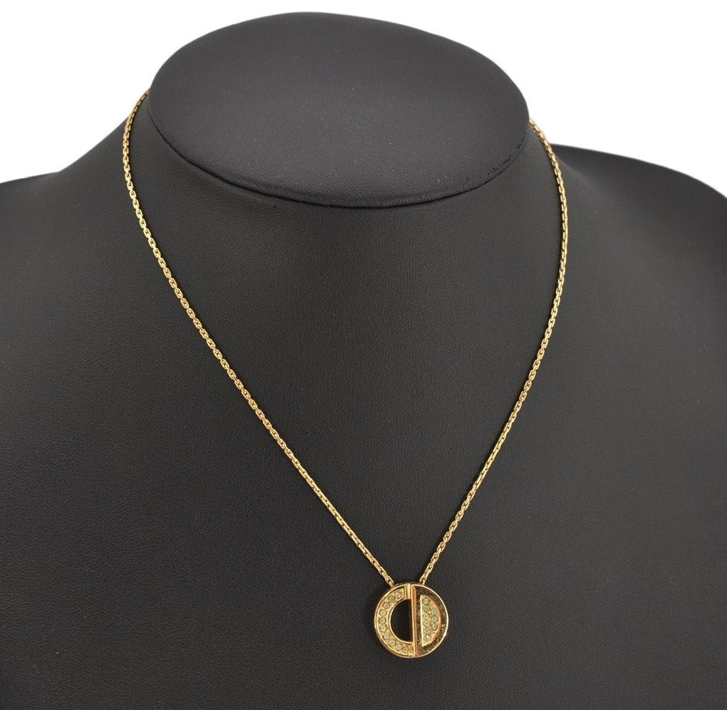 Authentic Christian Dior Gold Tone Chain Rhinestone Pendant Necklace CD 0470K