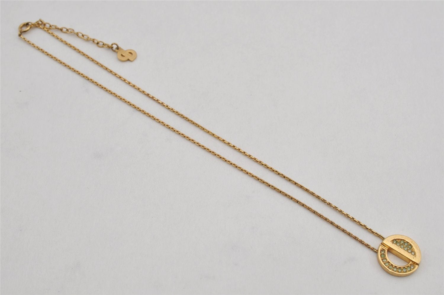 Authentic Christian Dior Gold Tone Chain Rhinestone Pendant Necklace CD 0470K