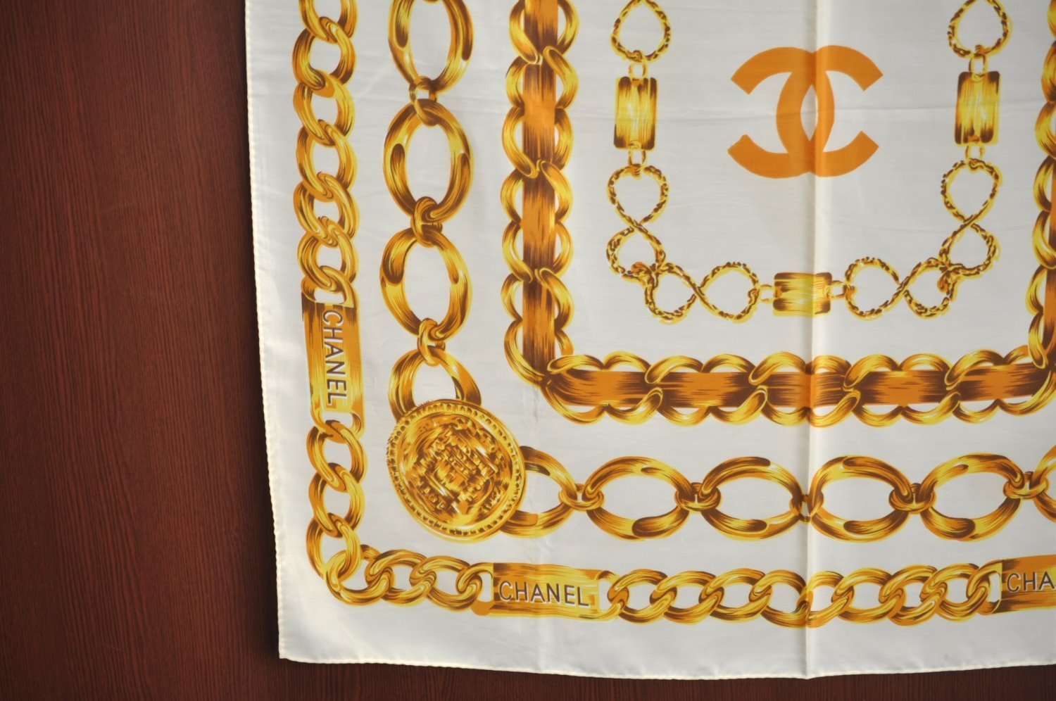 Authentic CHANEL Scarf Chain Motif CC Logo Silk Beige 0473I