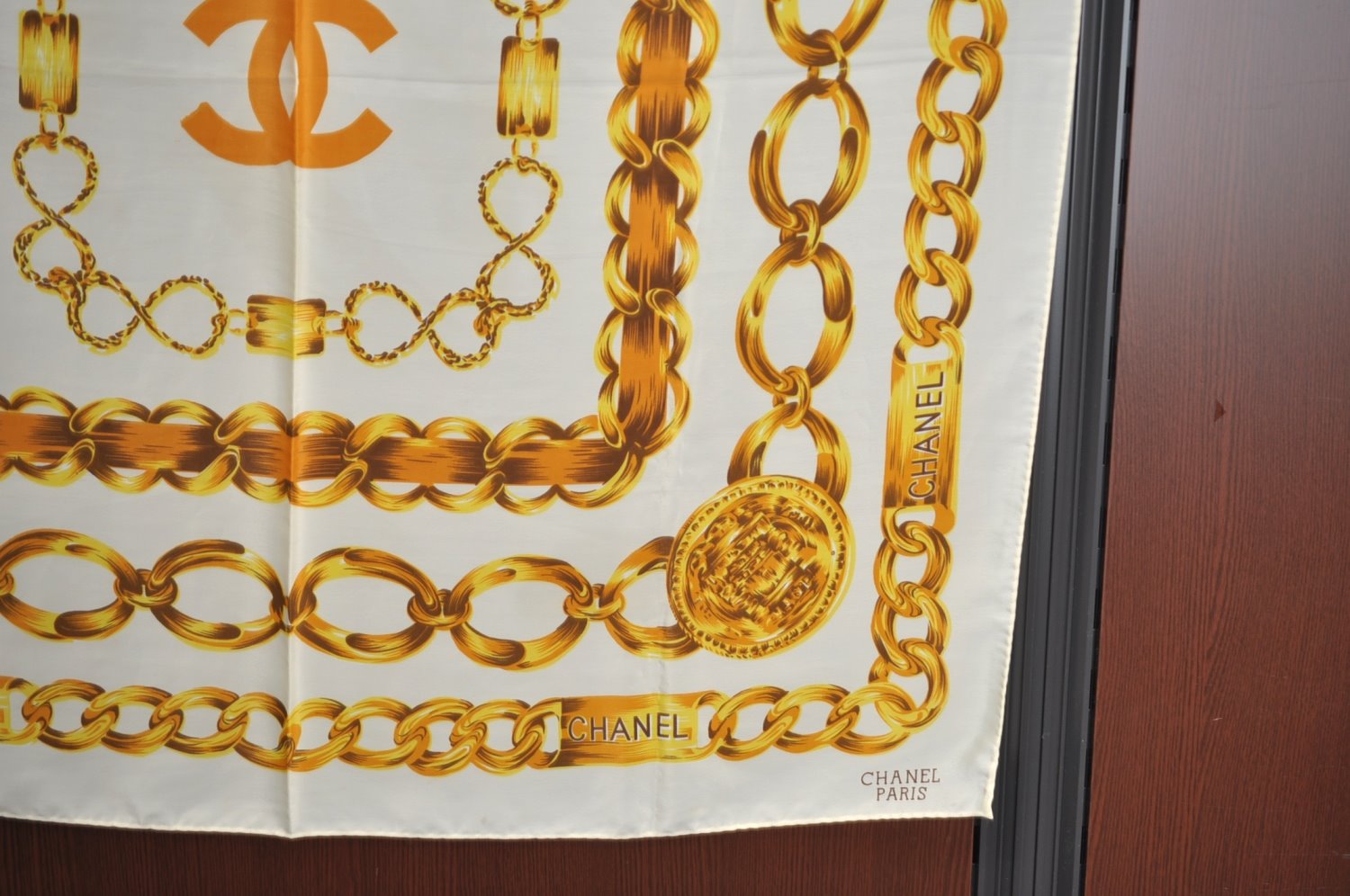 Authentic CHANEL Scarf Chain Motif CC Logo Silk Beige 0473I