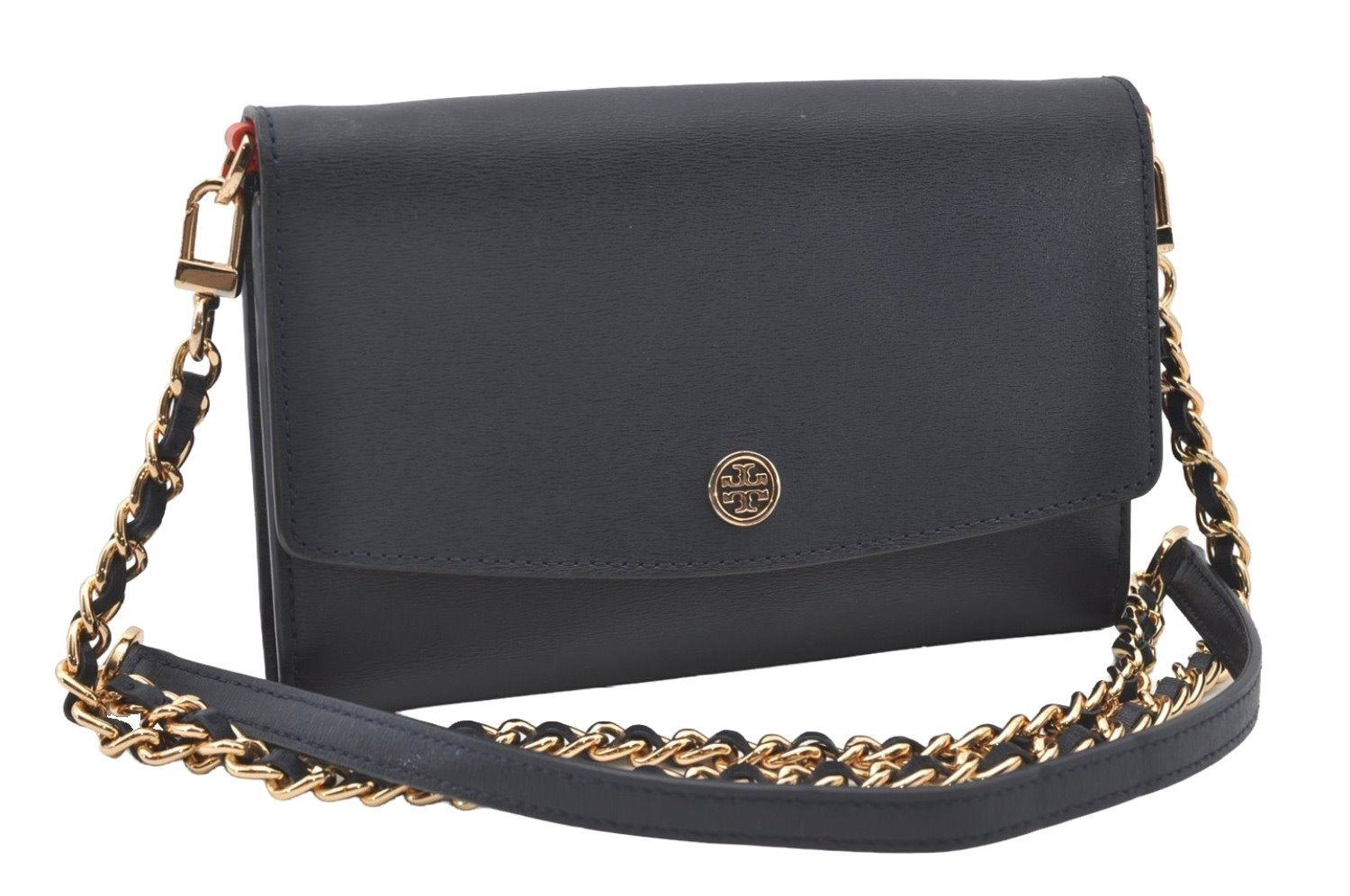 Authentic TORY BURCH Robinson Chain Shoulder Cross Bag Purse Leather Navy 0473J