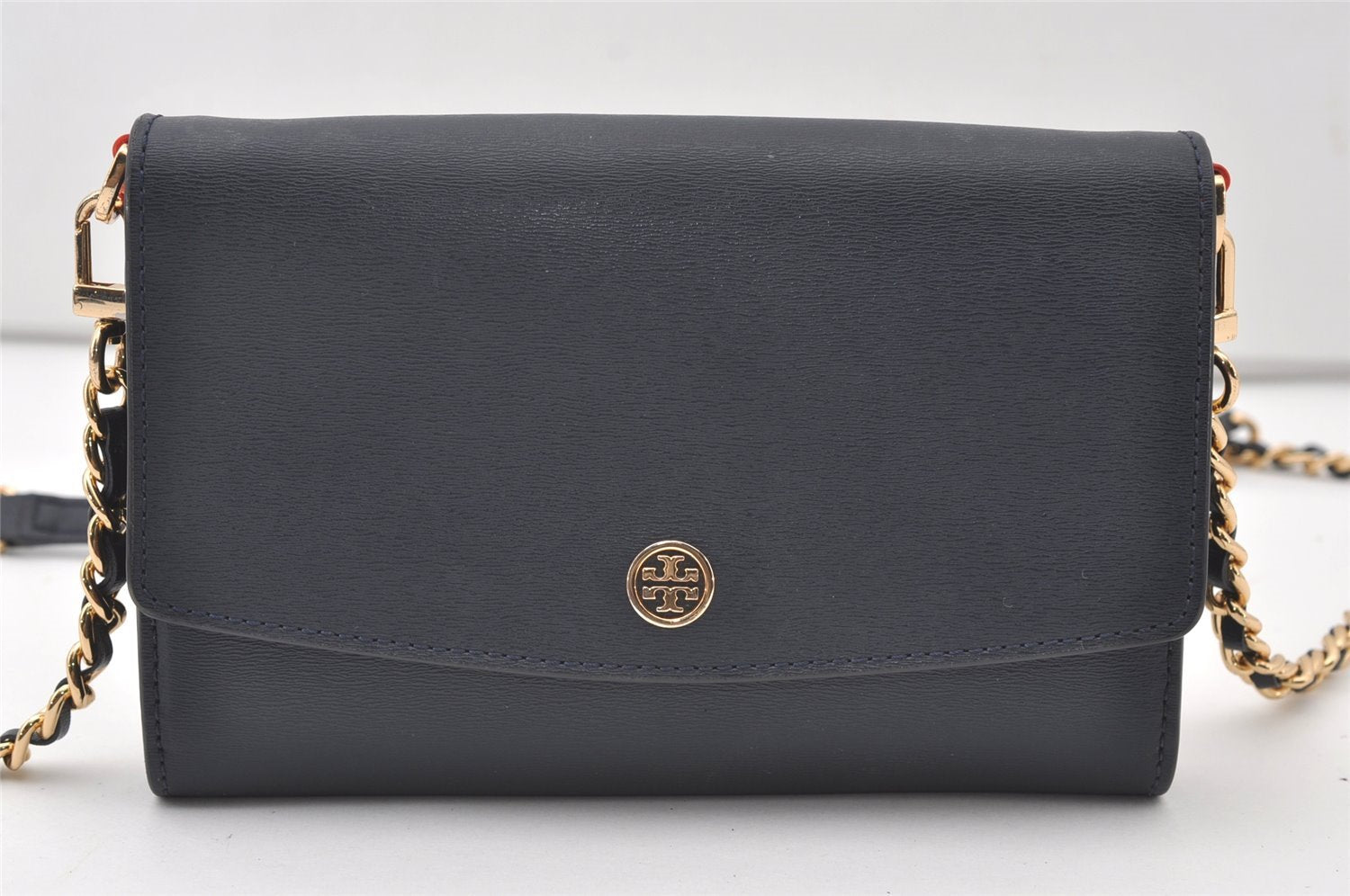 Authentic TORY BURCH Robinson Chain Shoulder Cross Bag Purse Leather Navy 0473J