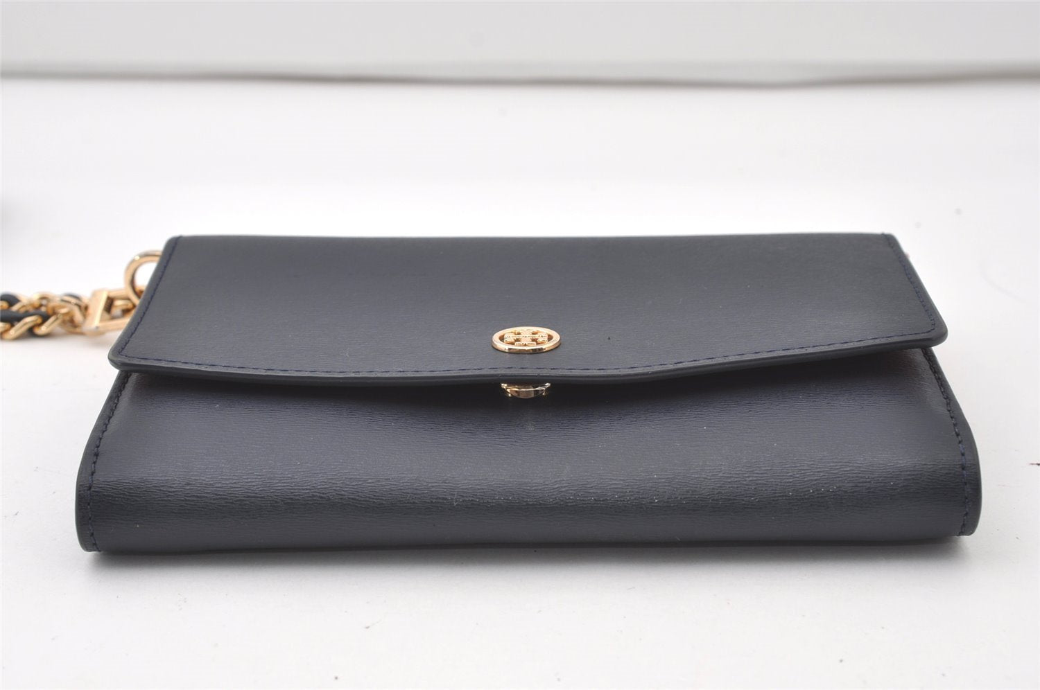 Authentic TORY BURCH Robinson Chain Shoulder Cross Bag Purse Leather Navy 0473J