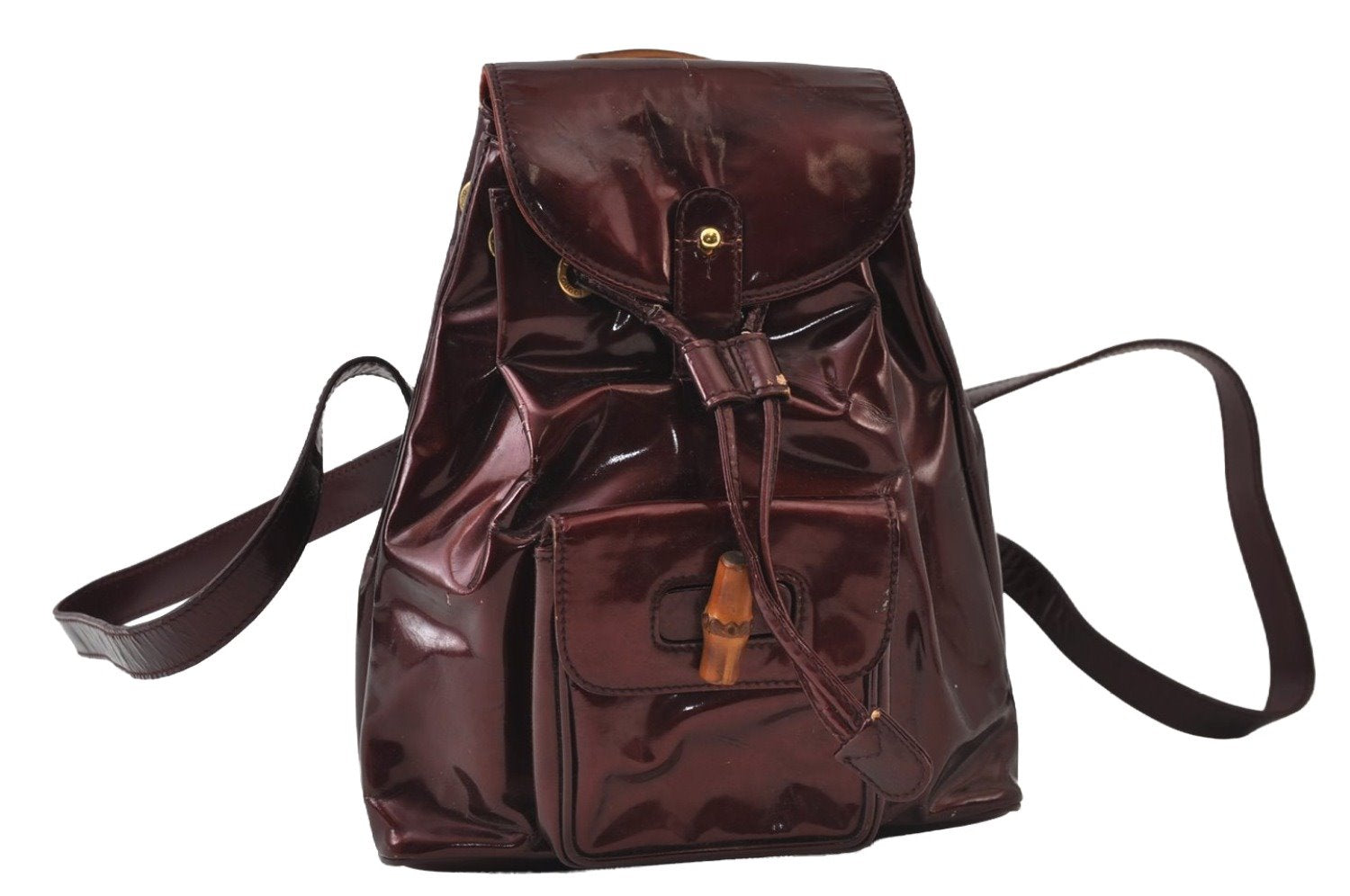 Authentic GUCCI Vintage Bamboo Backpack Purse Enamel Bordeaux 0474J