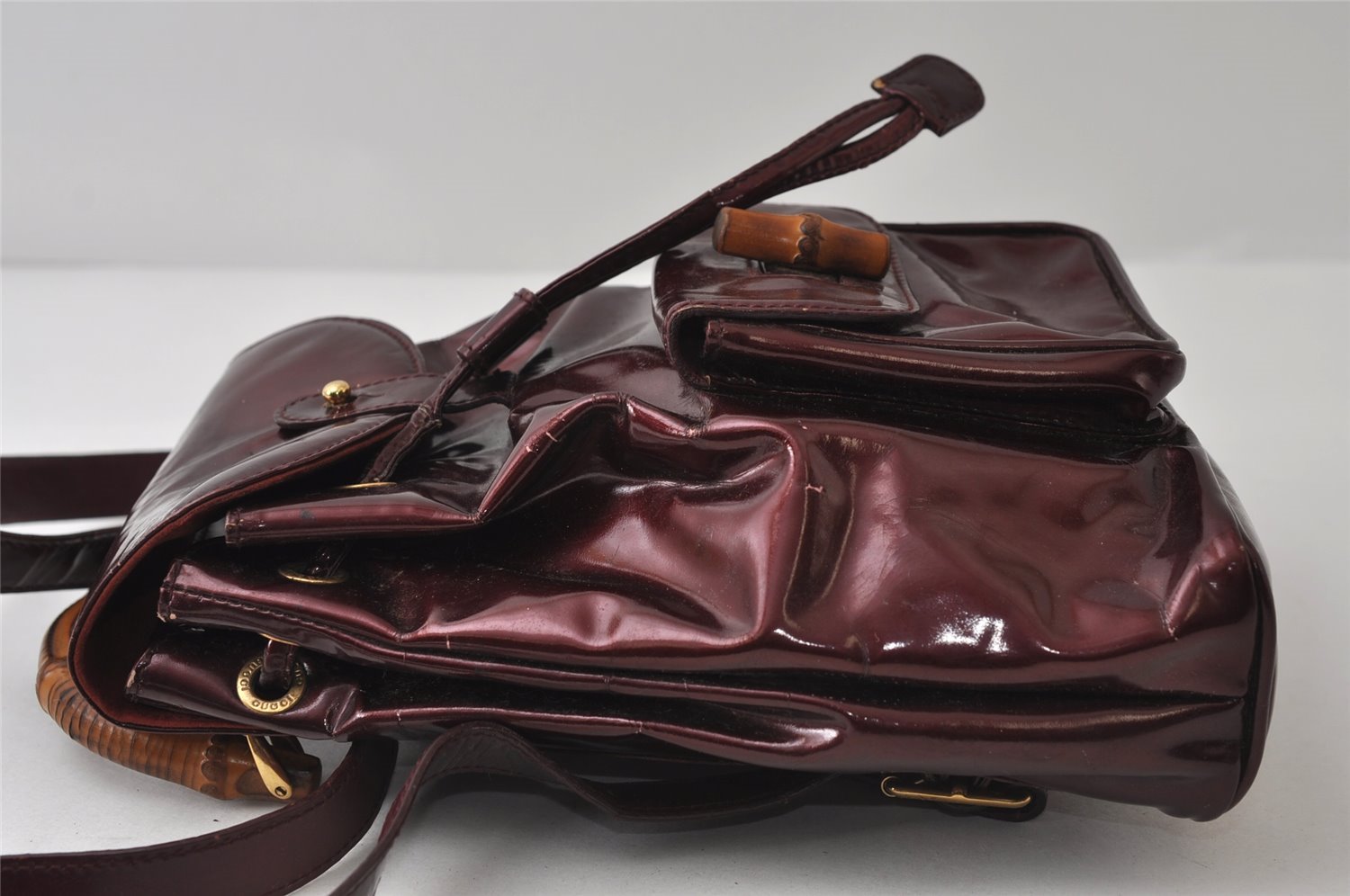 Authentic GUCCI Vintage Bamboo Backpack Purse Enamel Bordeaux 0474J