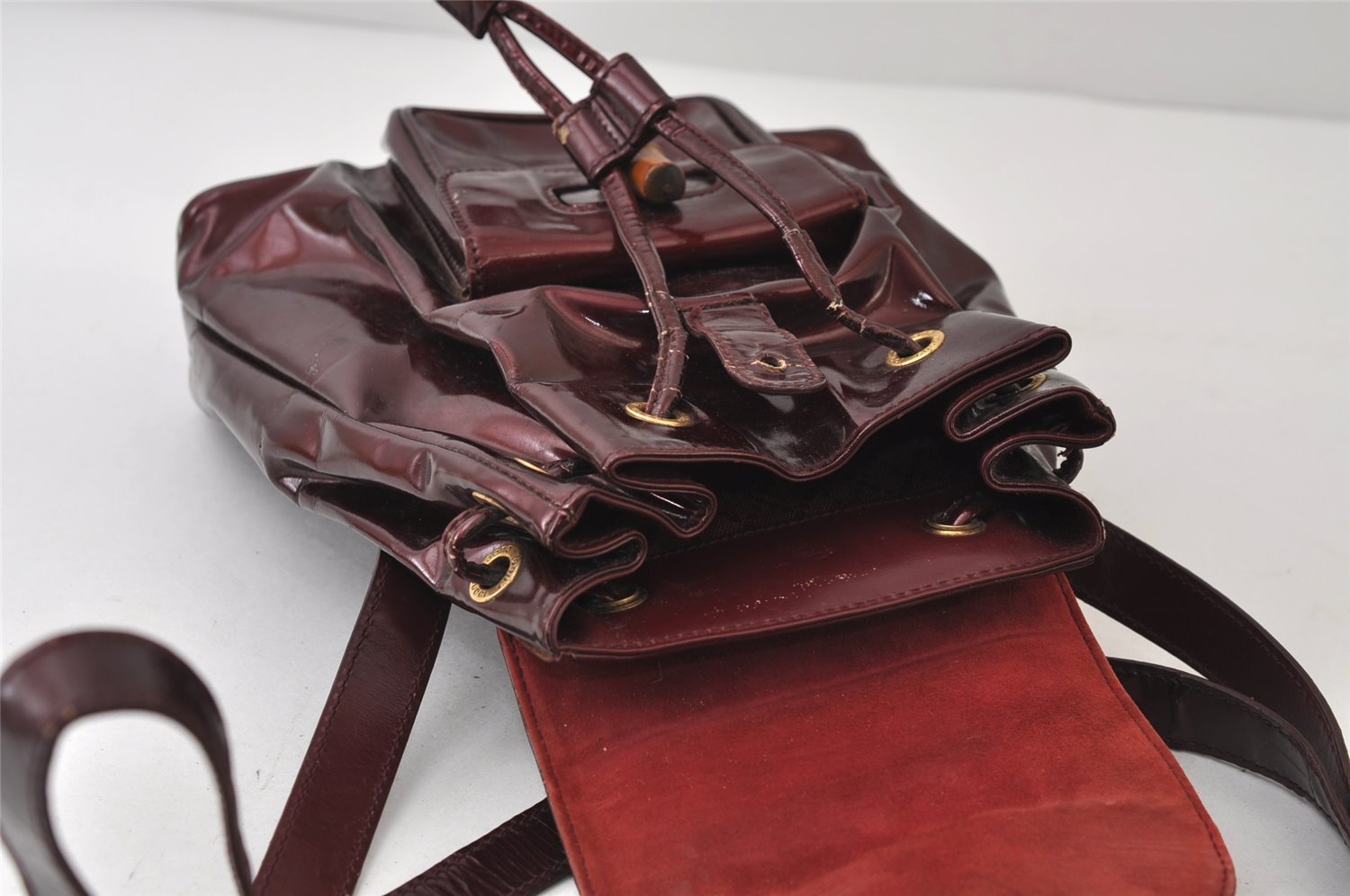 Authentic GUCCI Vintage Bamboo Backpack Purse Enamel Bordeaux 0474J