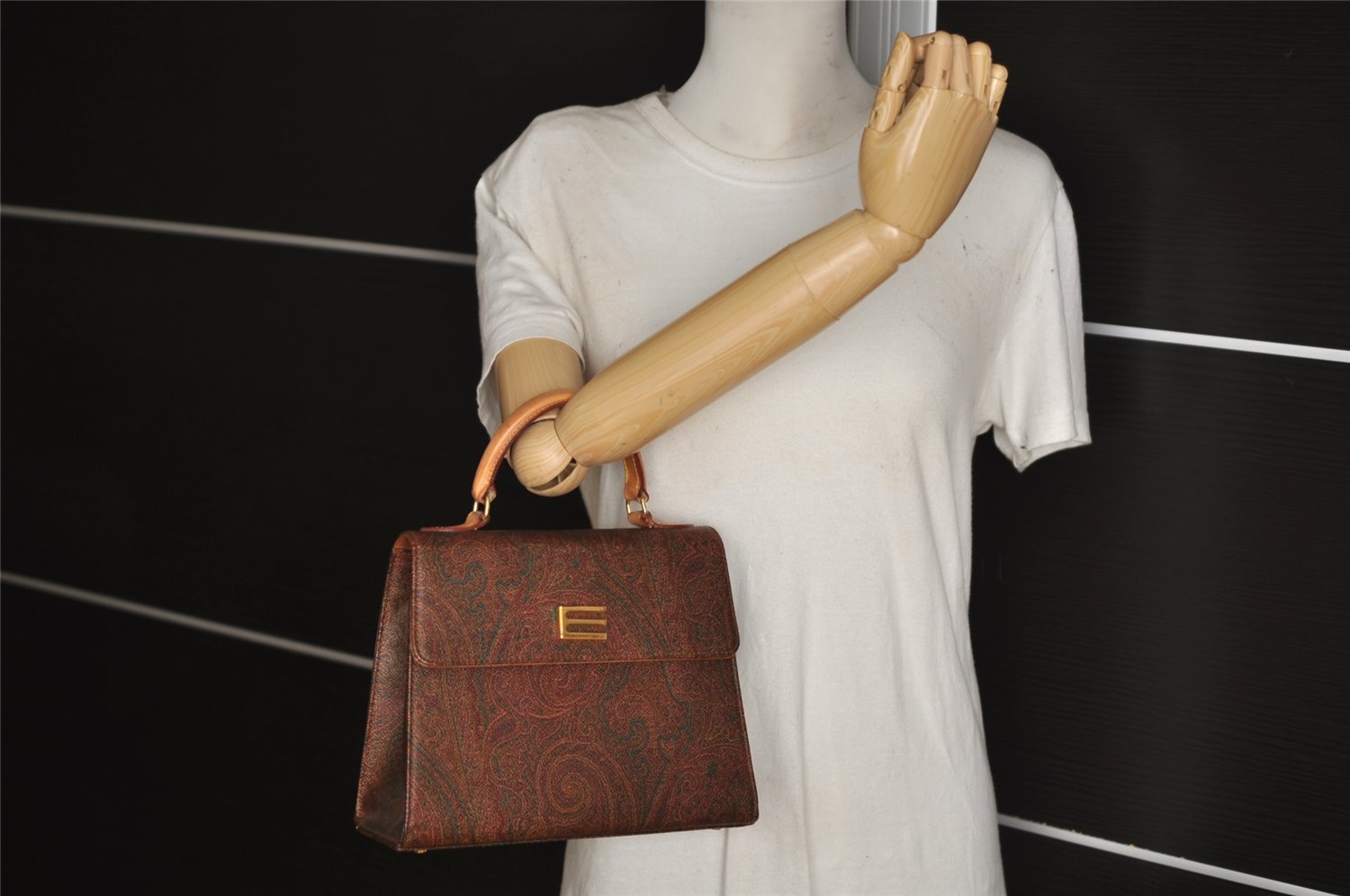 Authentic ETRO Vintage Hand Bag Purse PVC Leather Brown 0475J