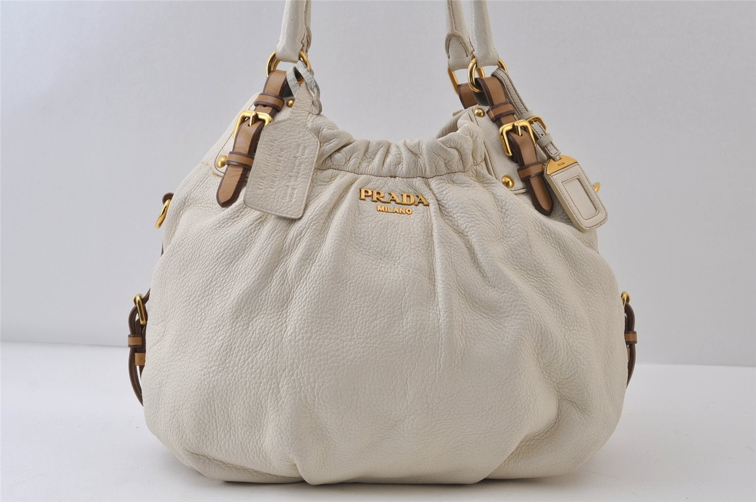 Authentic PRADA Vintage Leather Nappa 2Way Shoulder Tote Bag White 0476J