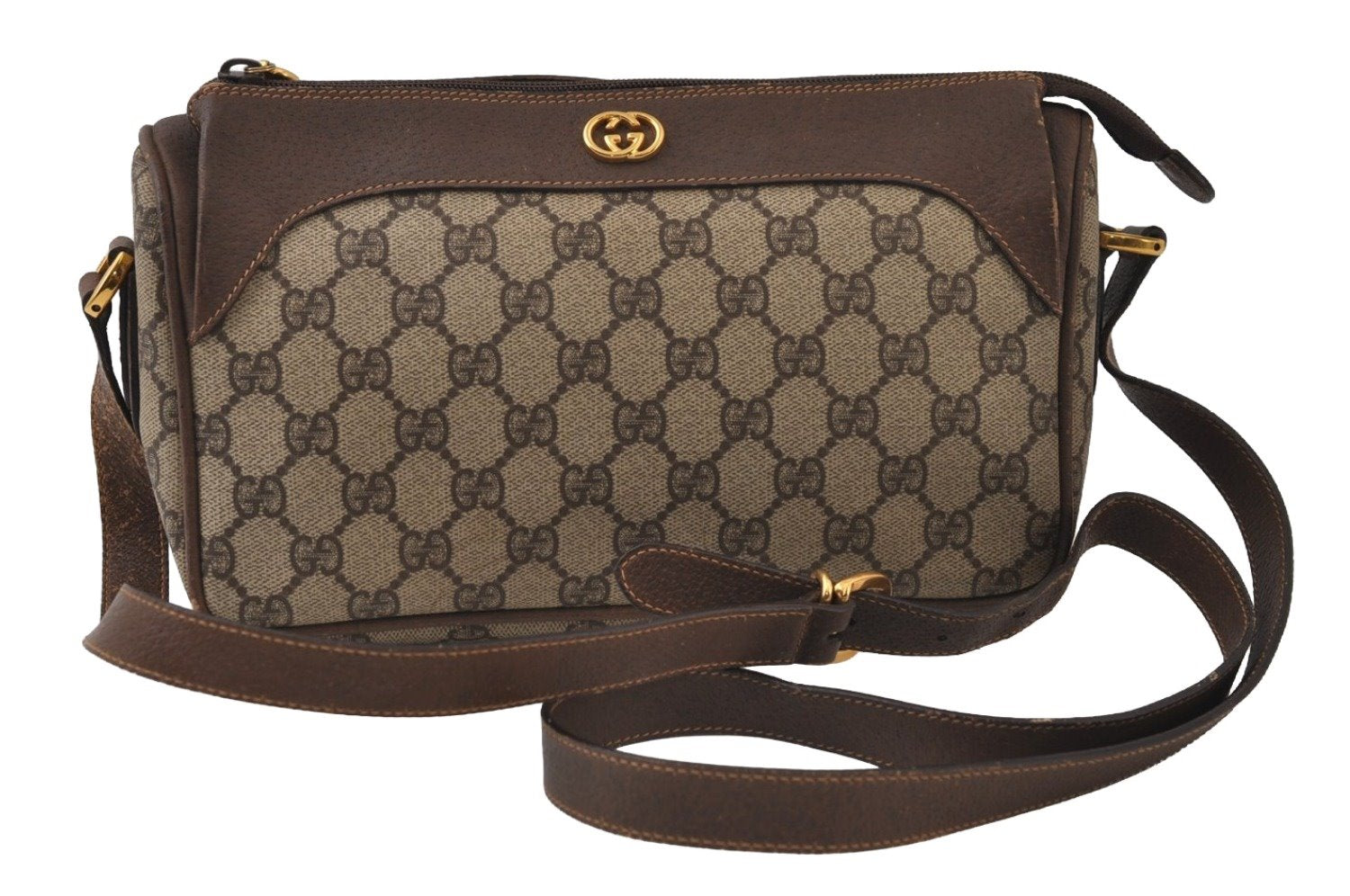 Authentic GUCCI Vintage Shoulder Cross Body Bag Purse GG PVC Leather Brown 0478J