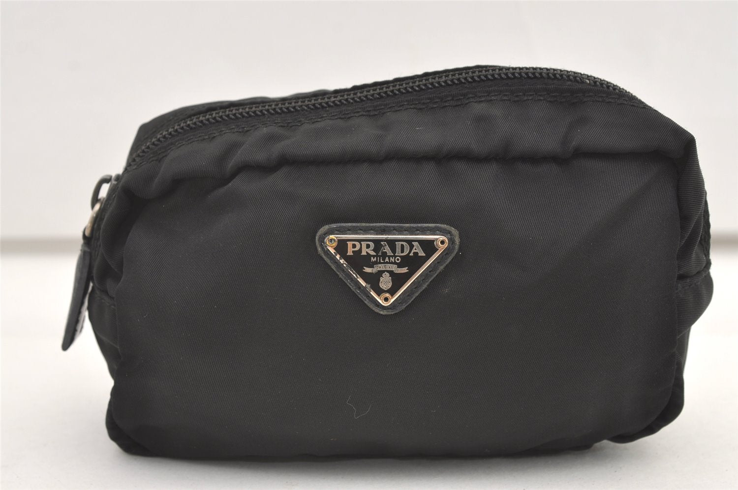 Authentic PRADA Vintage Nylon Tessuto Leather Cosmetic Pouch Purse Black 0479K