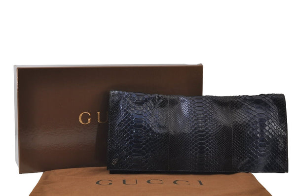 Authentic GUCCI Python Motif Leather Clutch Hand Bag Navy 228574 Box 0487J