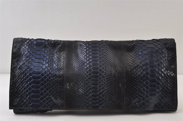 Authentic GUCCI Python Motif Leather Clutch Hand Bag Navy 228574 Box 0487J