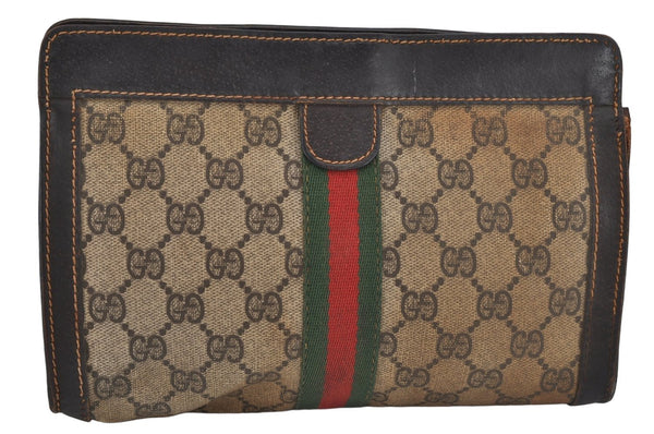 Authentic GUCCI Web Sherry Line Clutch Hand Bag GG PVC Leather Brown Junk 0488K