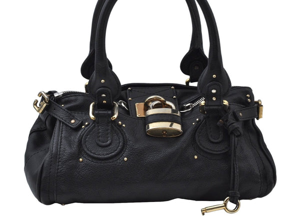 Authentic Chloe Paddington Vintage Leather Shoulder Hand Bag Black 0489J