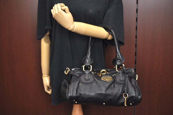 Authentic Chloe Paddington Vintage Leather Shoulder Hand Bag Black 0489J