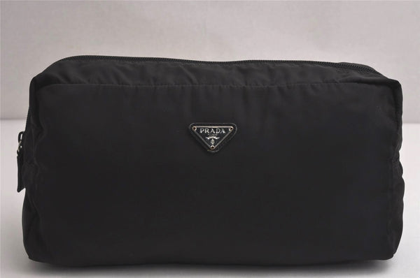 Authentic PRADA Vintage Nylon Tessuto Leather Clutch Hand Bag Purse Black 0489K