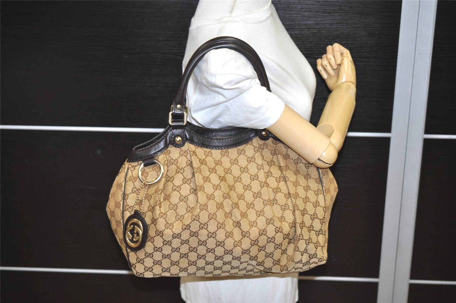 Authentic GUCCI Sukey Shoulder Tote Bag GG Canvas Leather 211944 Brown 0490K