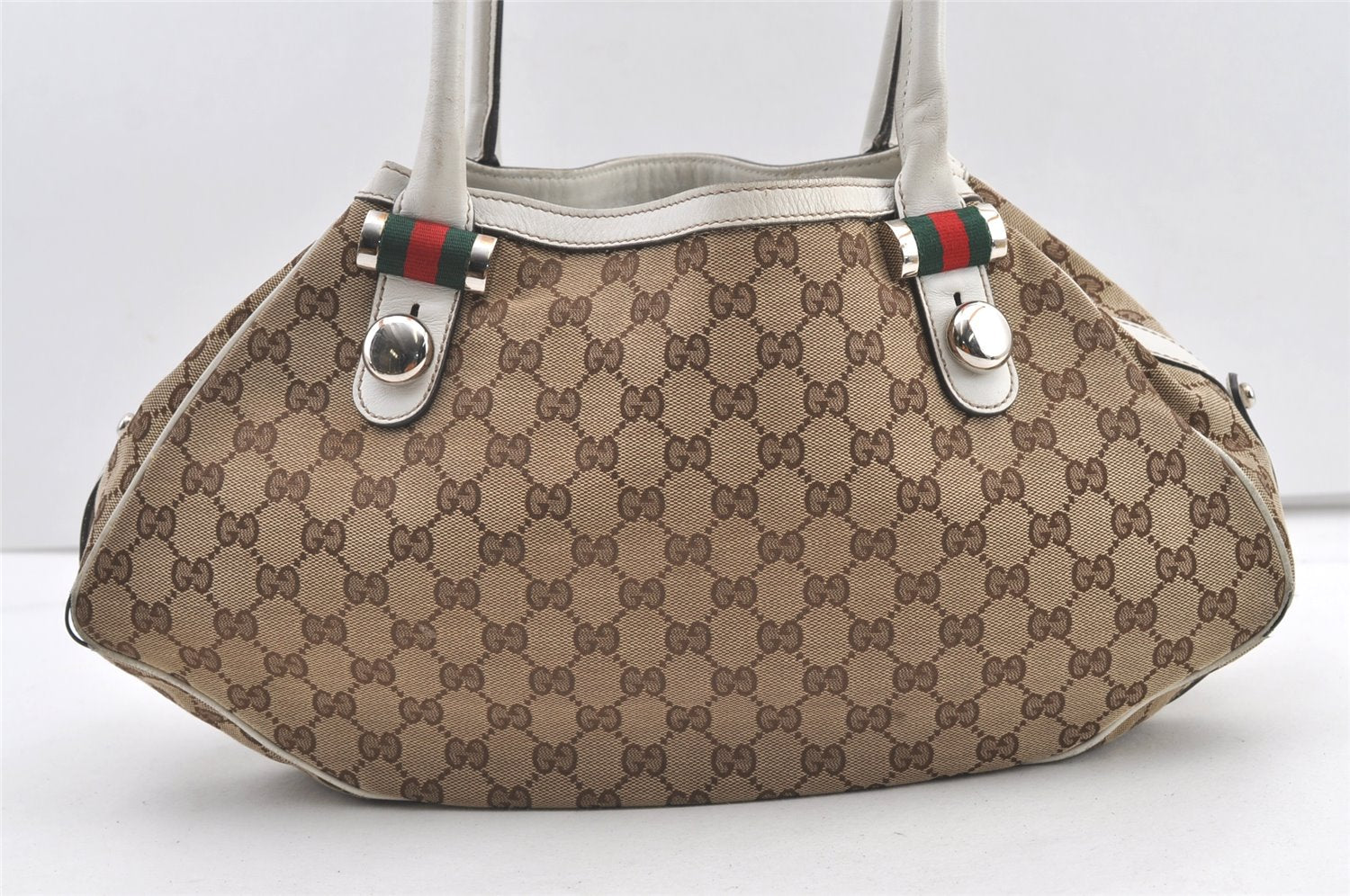 Auth GUCCI Web Sherry Line Match Ball Tote Bag GG Canvas Leather Brown 0492K