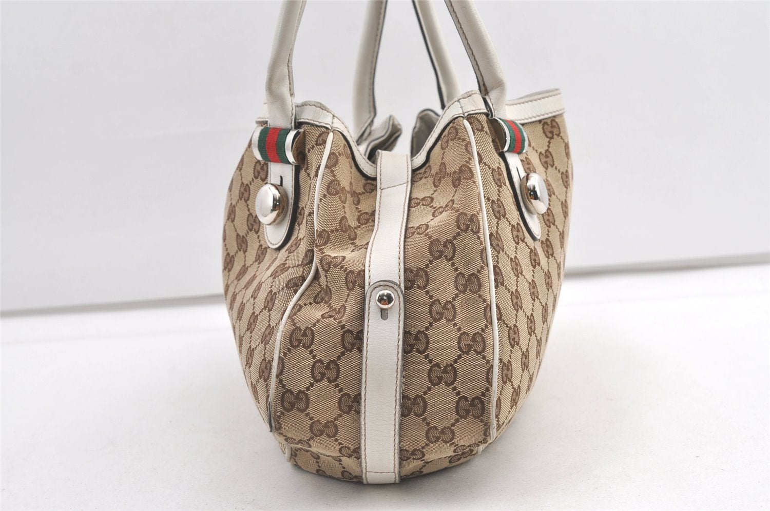 Auth GUCCI Web Sherry Line Match Ball Tote Bag GG Canvas Leather Brown 0492K