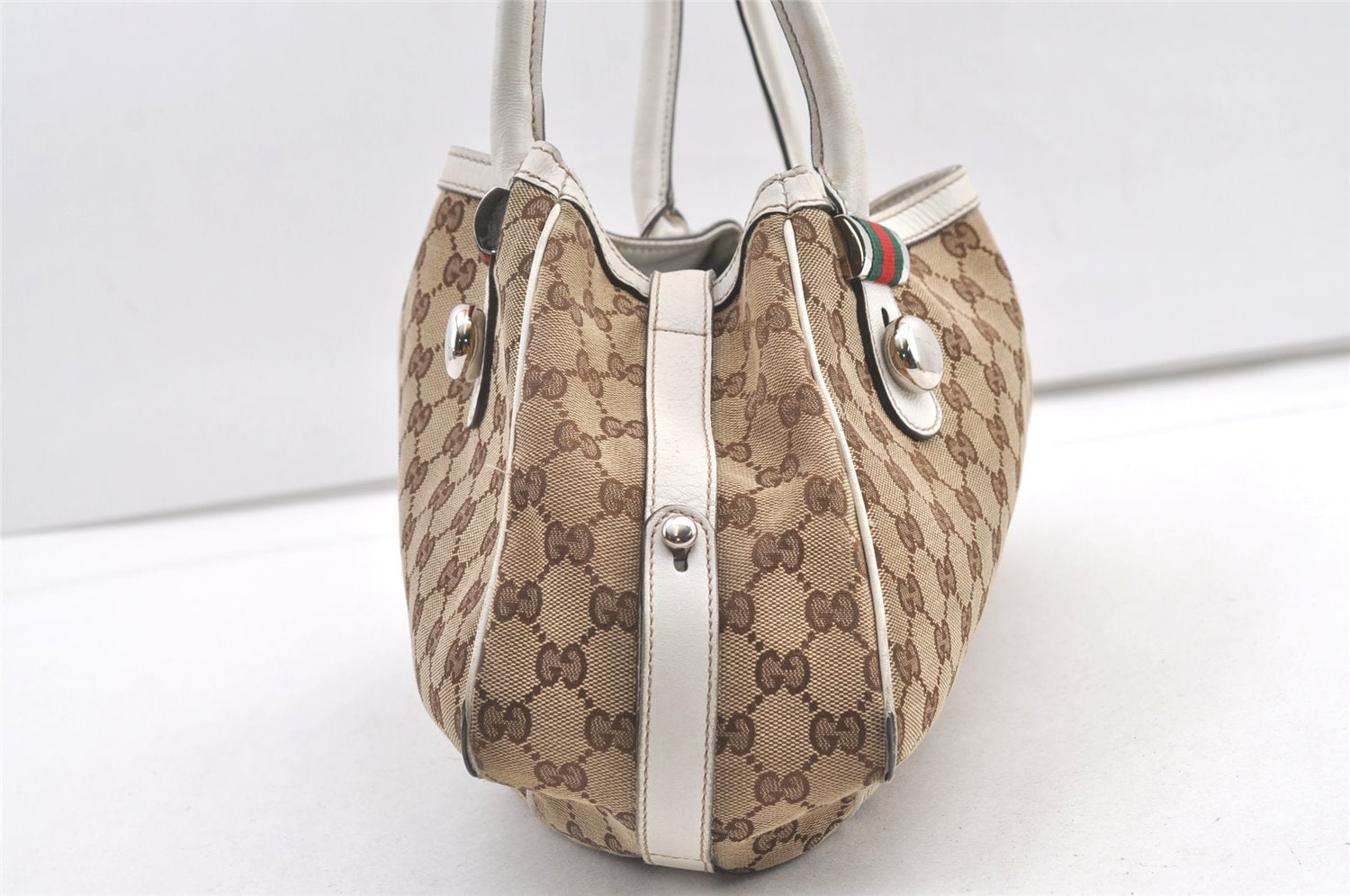 Auth GUCCI Web Sherry Line Match Ball Tote Bag GG Canvas Leather Brown 0492K