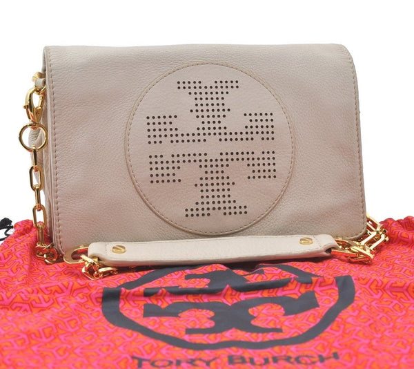 Authentic TORY BURCH Kipp Leather Chain Shoulder Cross Bag Purse White 0495J