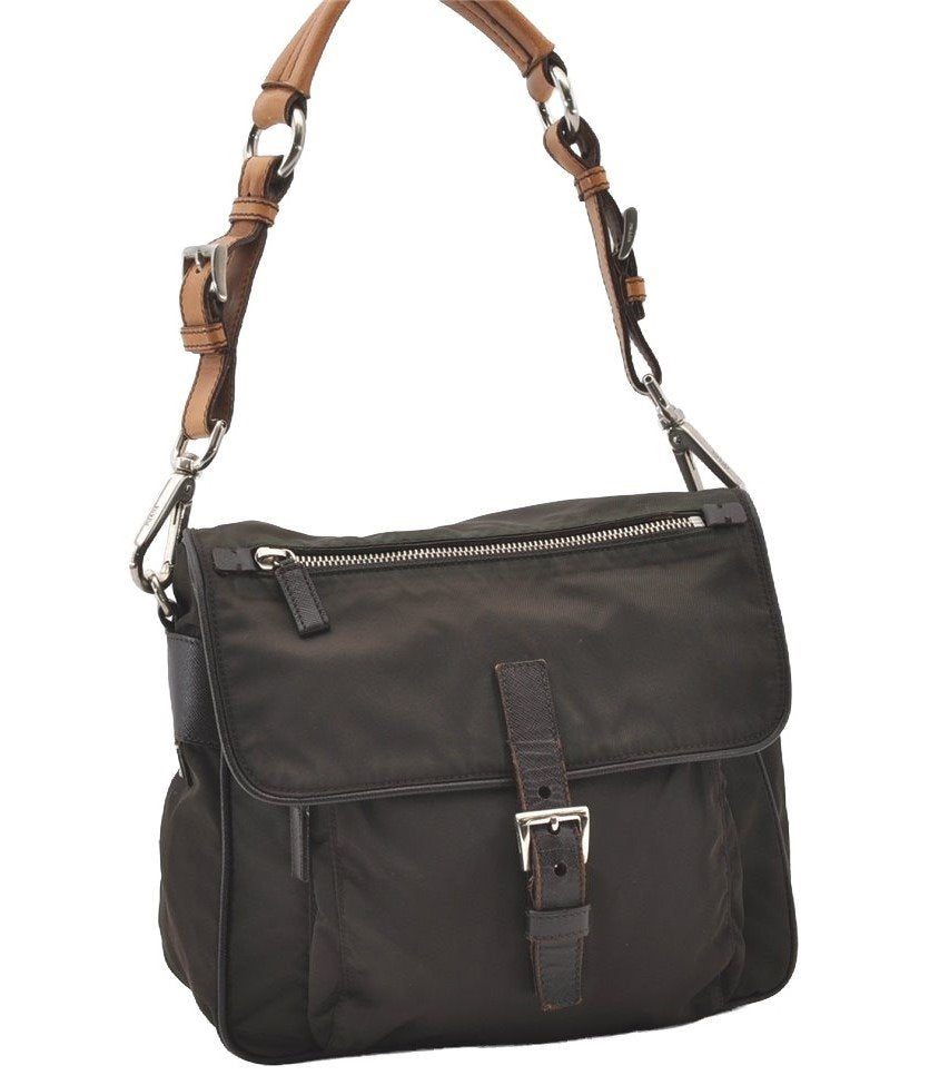 Authentic PRADA Nylon Tessuto Leather Shoulder Hand Bag Purse Brown 0497J