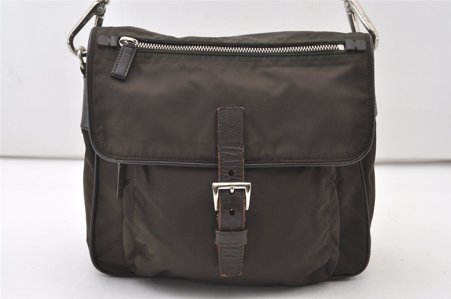 Authentic PRADA Nylon Tessuto Leather Shoulder Hand Bag Purse Brown 0497J