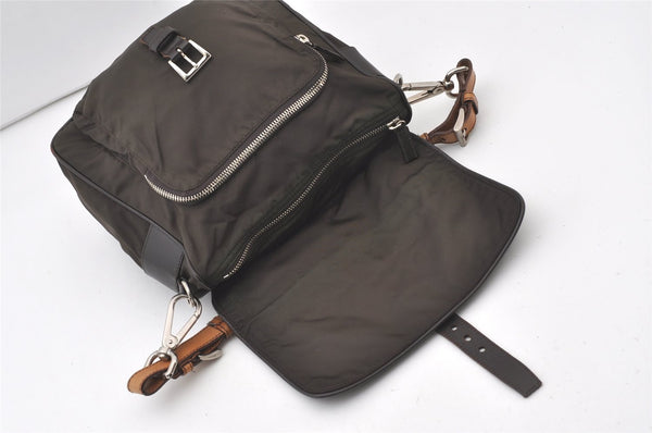 Authentic PRADA Nylon Tessuto Leather Shoulder Hand Bag Purse Brown 0497J