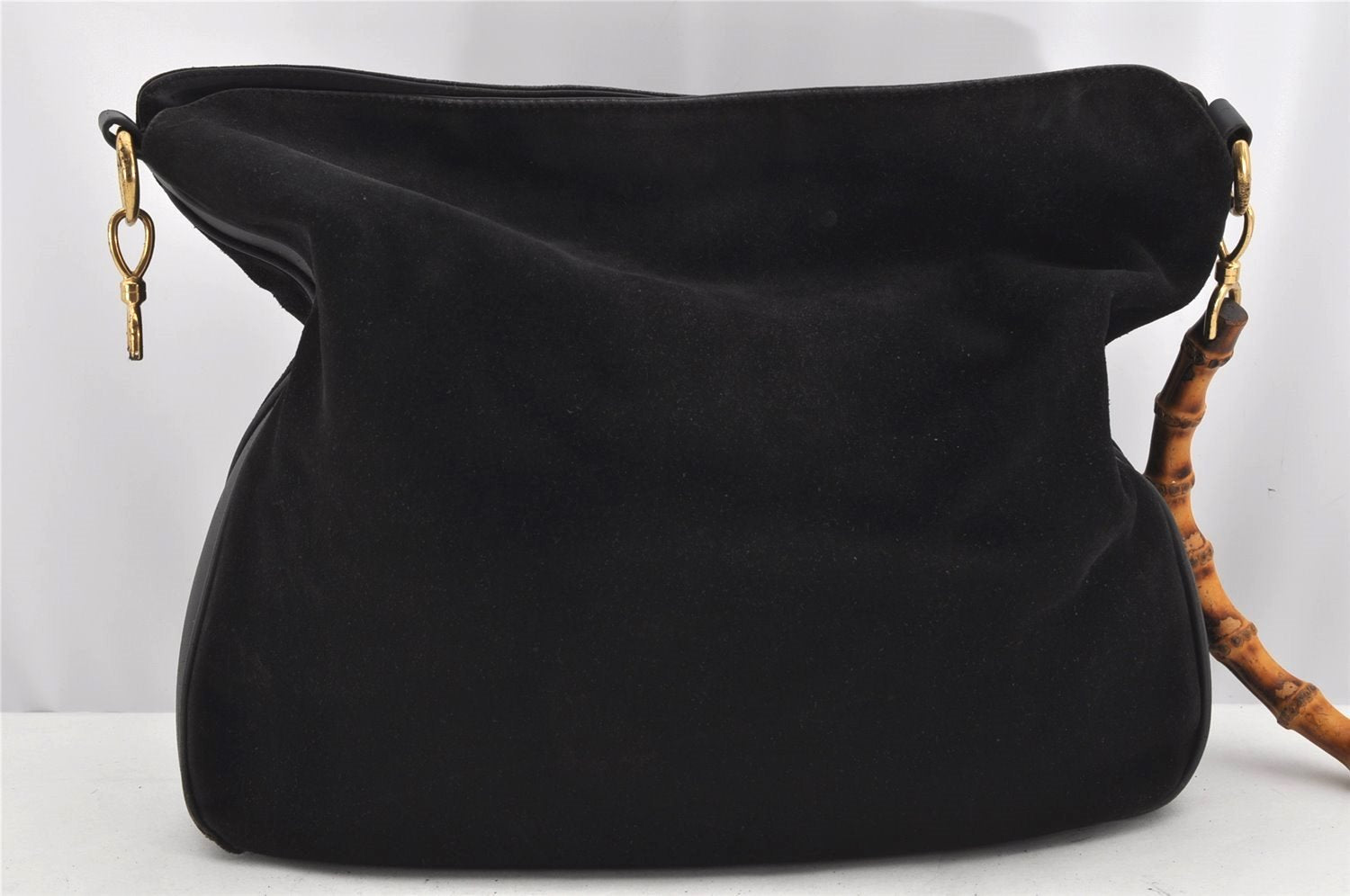 Authentic GUCCI Vintage Bamboo Shoulder Hand Bag Suede Leather Black Junk 0501K