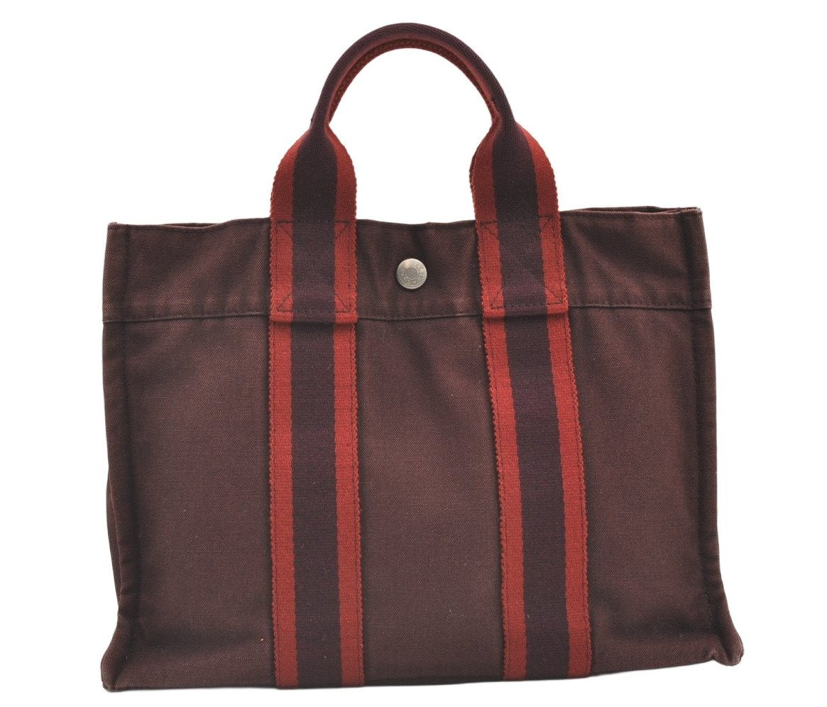 Authentic HERMES Vintage Fourre Tout PM Hand Tote Bag Canvas Wine Red 0502K