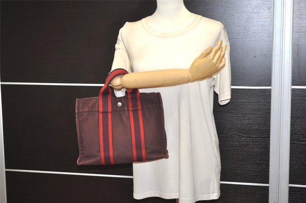 Authentic HERMES Vintage Fourre Tout PM Hand Tote Bag Canvas Wine Red 0502K