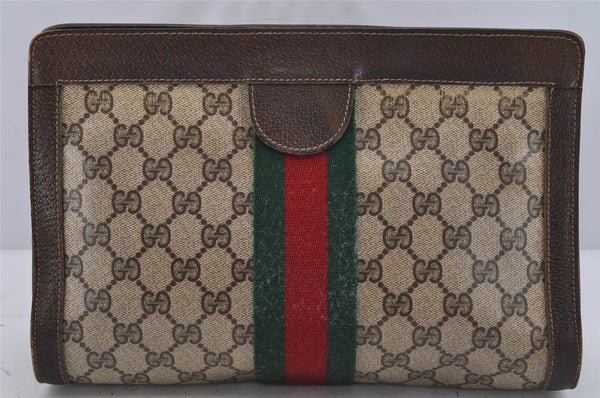 Authentic GUCCI Web Sherry Line Clutch Hand Bag Purse GG PVC Leather Brown 0506K