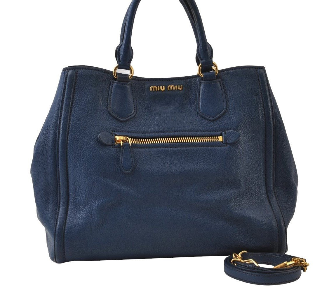 Authentic MIU MIU Vintage Leather 2Way Shoulder Tote Bag Blue 0509J