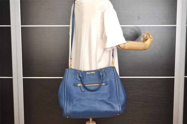 Authentic MIU MIU Vintage Leather 2Way Shoulder Tote Bag Blue 0509J