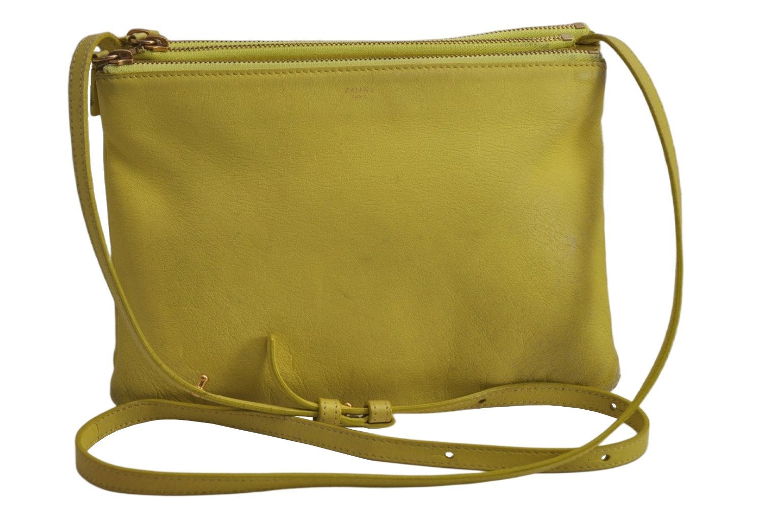 Authentic CELINE TRIO Shoulder Cross Body Clutch Bag Purse Leather Yellow 0512K