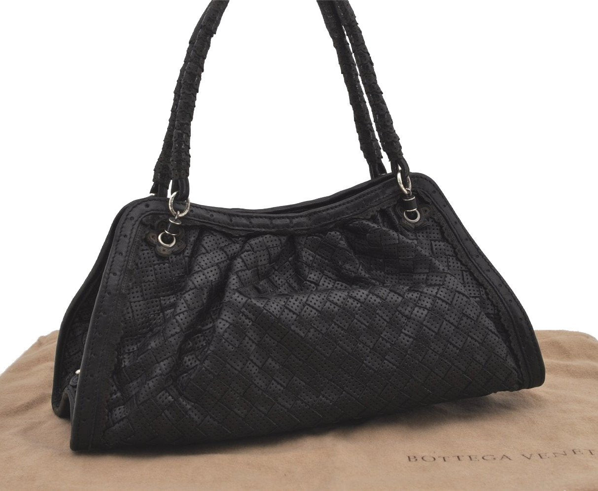 Authentic BOTTEGA VENETA Intrecciato Punching Leather Shoulder Bag Black 0514J