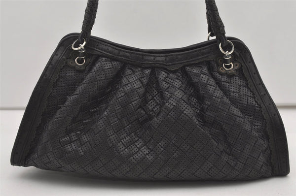 Authentic BOTTEGA VENETA Intrecciato Punching Leather Shoulder Bag Black 0514J