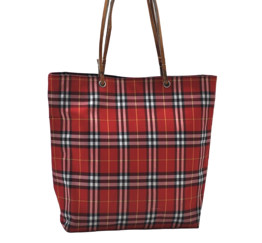 Authentic BURBERRY Check Shoulder Tote Bag Purse Nylon Leather Red 0515H