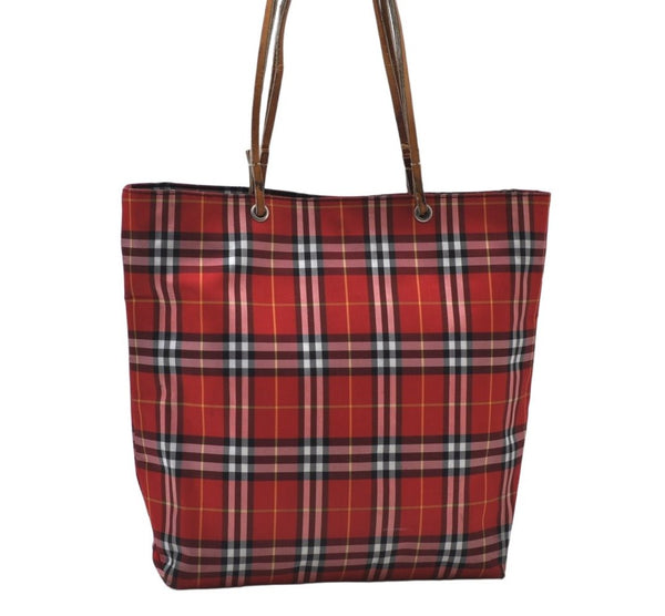 Authentic BURBERRY Check Shoulder Tote Bag Purse Nylon Leather Red 0515H