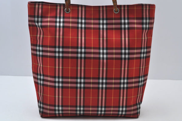 Authentic BURBERRY Check Shoulder Tote Bag Purse Nylon Leather Red 0515H