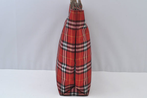 Authentic BURBERRY Check Shoulder Tote Bag Purse Nylon Leather Red 0515H
