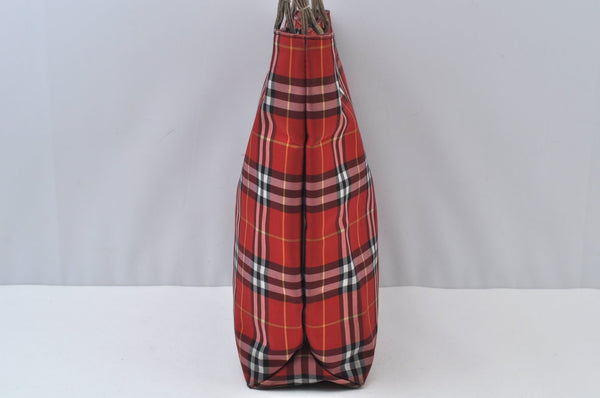Authentic BURBERRY Check Shoulder Tote Bag Purse Nylon Leather Red 0515H