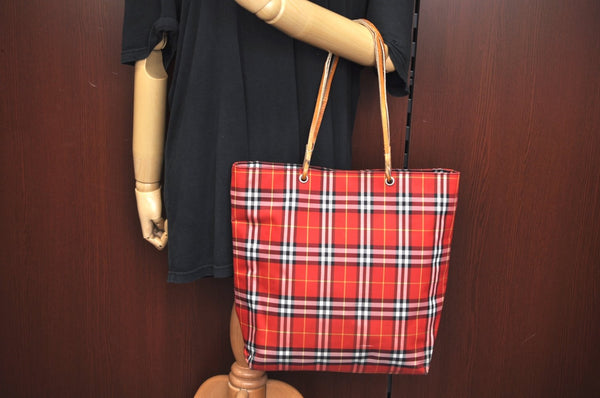 Authentic BURBERRY Check Shoulder Tote Bag Purse Nylon Leather Red 0515H