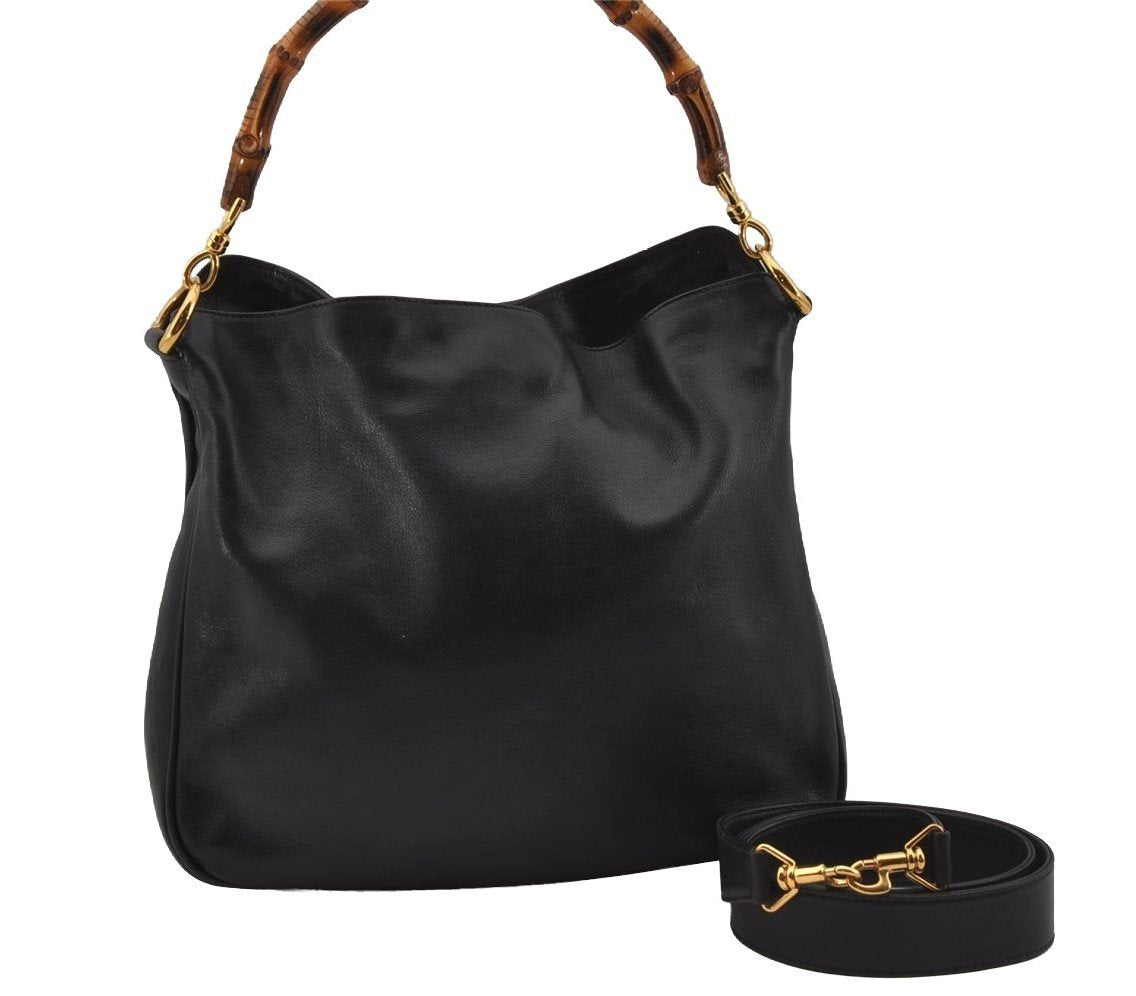 Authentic GUCCI Vintage Bamboo 2Way Shoulder Hand Bag Leather Black Junk 0518J