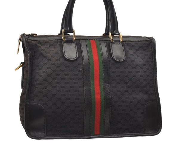 Auth GUCCI Web Sherry Line Micro GG Canvas Leather 2Way Hand Bag Black 0519J